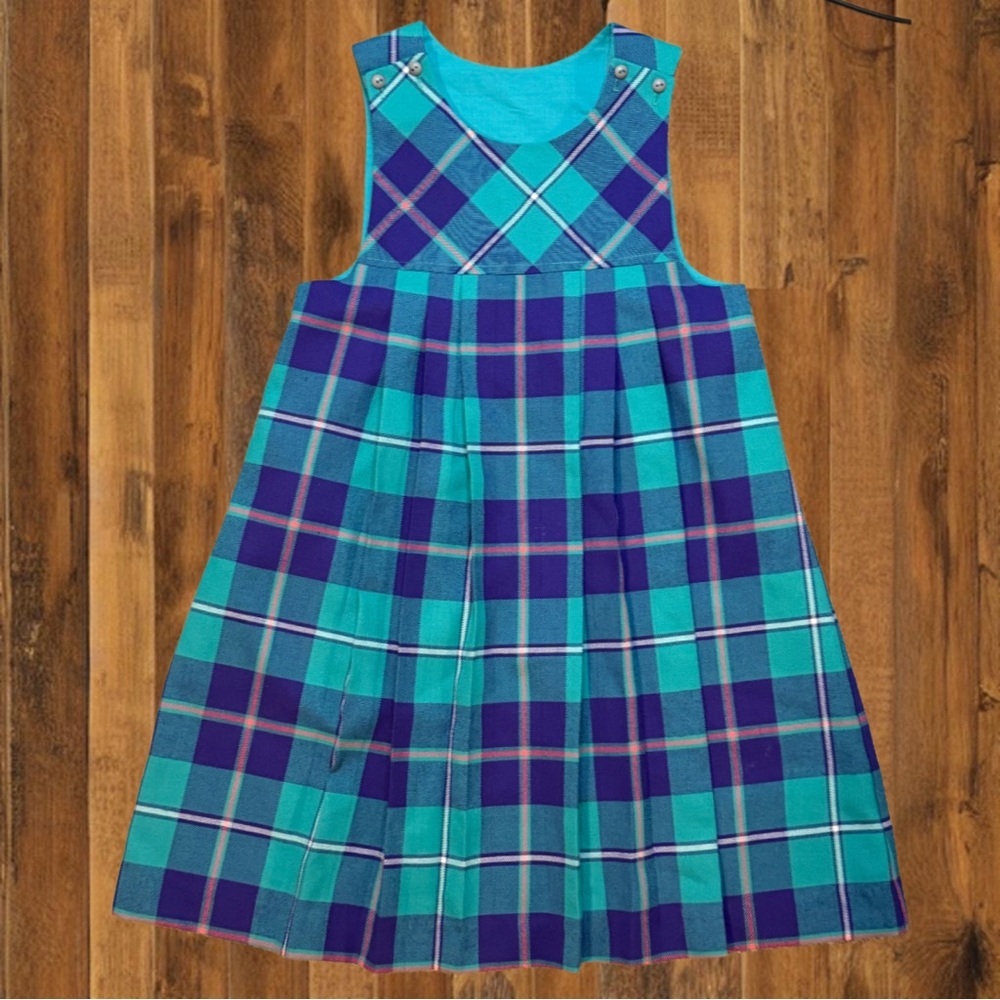 90s Plaid Schoolgirl Pinafore Dress • Teal & Purple Tartan • Size 7